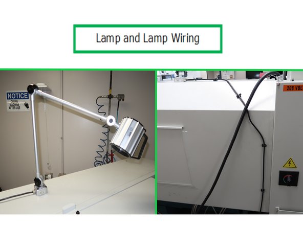 Install Lamp with screws through the Lamp base, through the sheet metal and into the Mounting Plate.  Install wires with Cable Ties in the Cable Tie Mounts down the back of the lathe based upon your specific lathe.