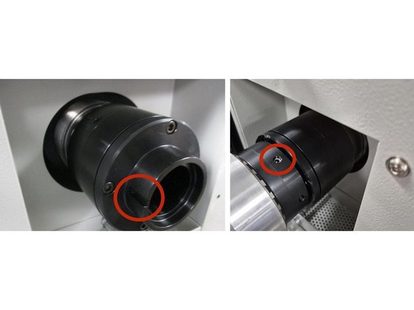1630HS and 1845:  Slowly insert the collet draw tube assembly into the locating ring, align the silver set screw in the draw tube assy with the Keyway in the adapter, Continue moving the draw tube in until it makes contact with the 5C collet adapter.