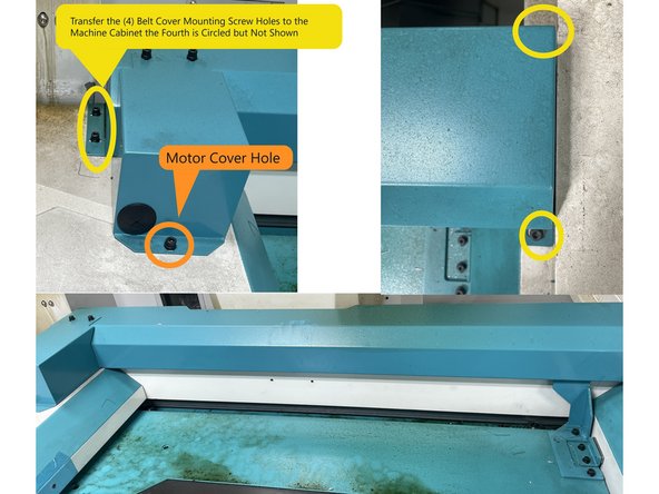 Install the belt cover and transfer the mounting hole locations from the cover to the top of the machine sheet metal. Then drill and tap them M5X0.8 6H. See Photo 1