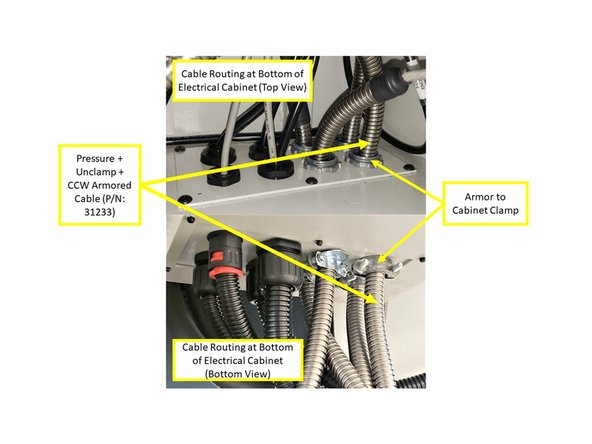 Remove Cable Clamp Nut, and route the Cable Assy into the electrical cabinet through the Armored Cable's designated hole as described on Step 14 of this guide. Reinstall the Clamp Nut and tighten.