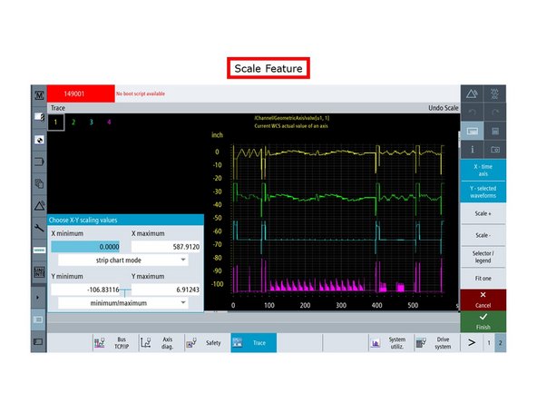 The Scale feature allows you to set the minimum and maximum scaling values over the X and Y Axes, incrementally increase/decrease scale values of an entire Trace, and/or show/hide specific variables of a Trace in order to adjust their respective scale values.