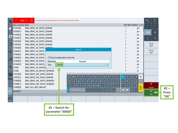On the next screen, (1) press the HSK &quot;Axis MD.&quot; The &quot;Axis machine data&quot; window will appear.