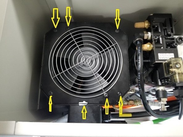 Install the fan orientating it to your marks. If you didn't mark the fan, the wiring faces the RH side of the spindle. Feed the wiring through the grommet in the service box. Install the four (4) 5mm BHCS and tighten securely. Plug the fan wiring to the connector inside the service box.