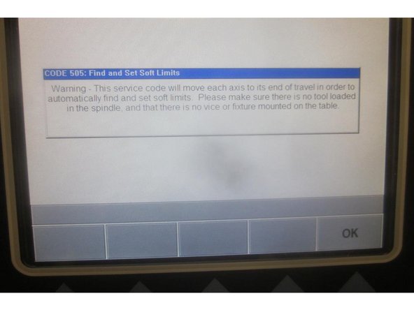 Go to service code 505. Press the &quot;Set Soft Limits&quot; key. A blue warning appears reminding of the caution above. Press &quot;Ok&quot; then &quot;Go&quot; and the machine rapids all axis to set the limits. When finished it will be in 505. Mode out.