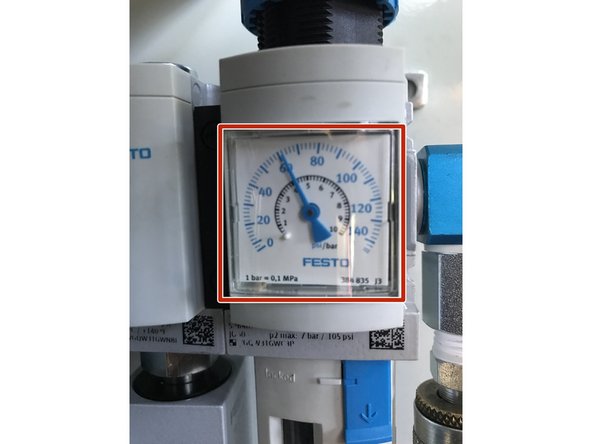 Once supply air is installed, set air pressure to 60 PSI, find the adjustment screw on bottom of pressure switch. If LED on computer module labeled &quot;AIR-IN PRESS&quot; is off, rotate adjustment screw until LED turns on. If LED is on, rotate adjustment screw in opposite direction until LED is off.