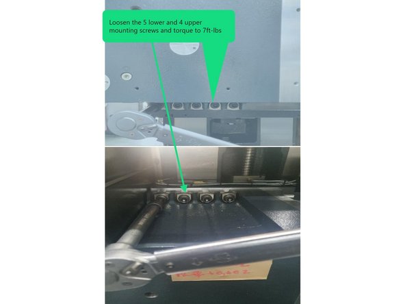 Loosen the 5 lower and 4 upper mounting screws and torque to 7ft-lbs (100kgf/cm).