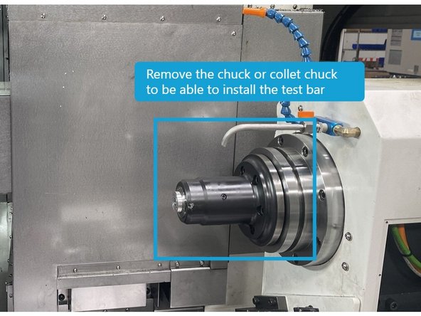Next you need to attach a test bar to the sub spindle. To do so  you need to remove the chuck or collet chuck from the Sub Spindle and clean spindle face and taper. Check Sub Spindle face and taper for knicks or dings and remove with a fine stone same as on the main spindle.