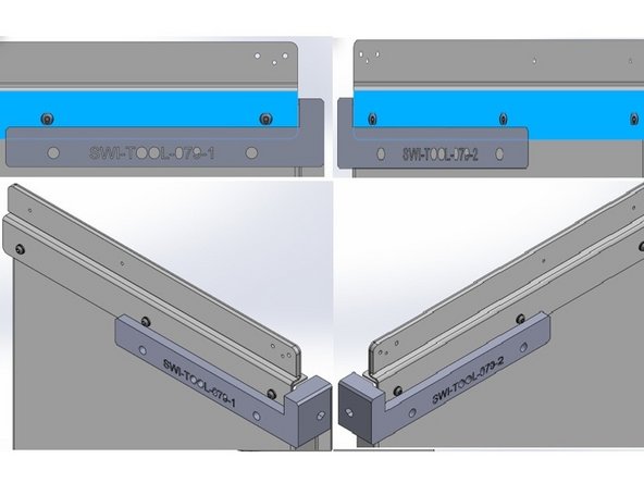 To align the upper Door Brackets to the doors use SWI-TOOL-079-1 for the left side door and SWI-TOOL-079-2 for the right. Place both Jigs onto the flanges of their respective doors see Image 1.
