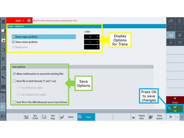 The "Trace - Options" window appears, and it features both Trace and Save Options, which is discussed below: