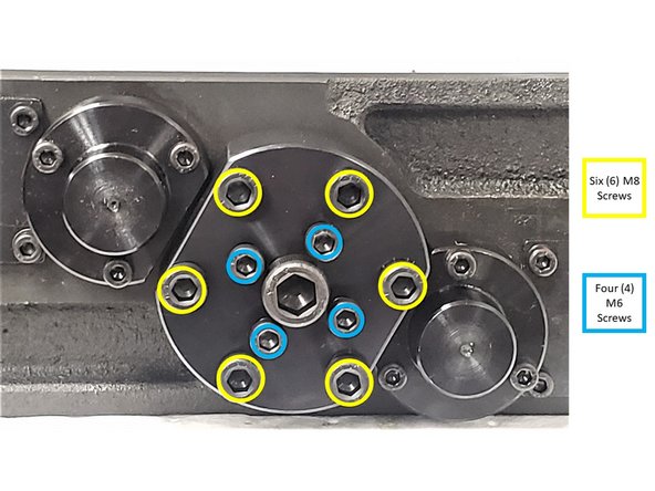 Gradually alternate adjusting the six (6) M8 screws and four (4) M6 30 - 40 mm SHCS on the arm base in order to remove the arm from the ATC shaft (see image for reference):