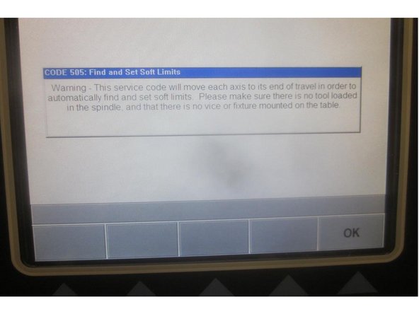 Go to service code 505. Press the &quot;Set Soft Limits&quot; key. A blue warning appears reminding of the caution above. Press &quot;Ok&quot; the &quot;Go&quot; and the machine will rapid all axis to set the limits. When finished it will be in Service code 505.