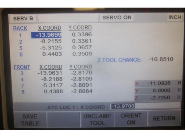 Press the "Input Table " soft key. The display now shows 8 Tool Locations and the Z Tool Change ( height). There is a DRO display in the lower RH corner that indicates current position of the spindle. Notice that Tool 1 in the X axis is highlighted. Rotating the hand wheel will move the highlight to different tool locations.