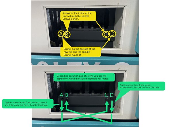 To align the Main Spindle Horizontal Accuracy there are 4 adjustment screws in the base casting, two screws to push the spindle and 2 screws to pull it.
