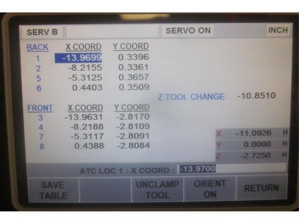 Note the number displayed in &quot;Z&quot; in the DRO in the lower right corner of the screen. Add (-) .010&quot; to this number, enter it  in the display and press ABSet. Press the &quot;Save Table&quot; key. Raise the Z axis to clear the ATC. Example: Z tool height displays-11.5500. After adding to number should read -11.5600