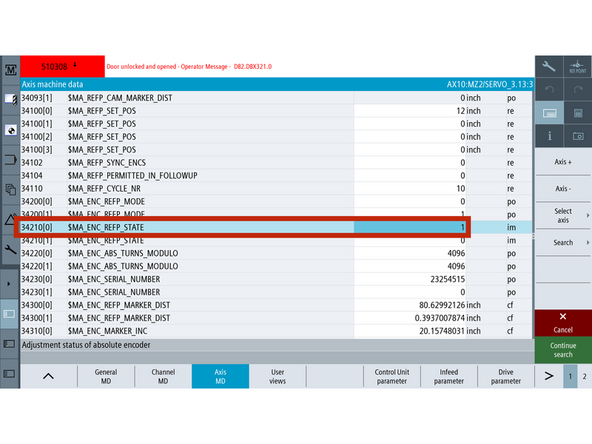 Go to [Setup] → [Mach. Data] → [Axis MD] → [Select Axis] → [MZ2/SERVO] → [OK].