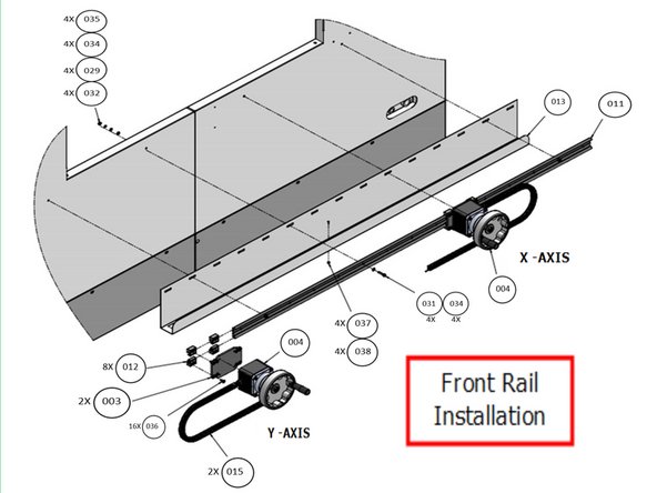 Illustrated are the hardware requirements to attach the front rail, cable channel and EHWs to the front of the mill.  Refer to the Parts list in the rear of the document for the hardware detail needed in the steps.