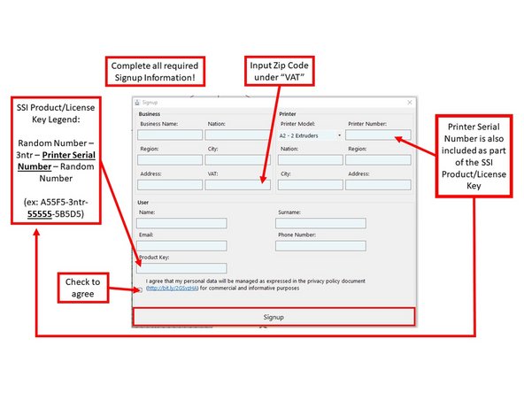 Once the "Signup" window appears, complete all required fields for the "Business," "Printer," and "User" sections.
