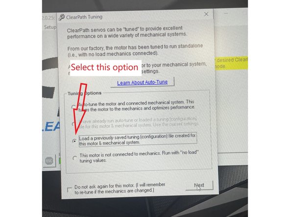 Once the PC is attached to the motor for the first time the software will search for the motor and the tuning options screen will come up. The default is "Auto tune the motor and connected mechanical system..."  We want to select  "Load a previously saved tuning(configuration) file created for this motor &amp; mechanical system" then hit next.