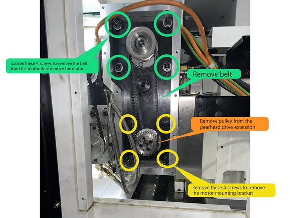 Loosen the screws circled in green to loosen and remove the belt. Once the belt is removed, remove the screws to remove the motor.