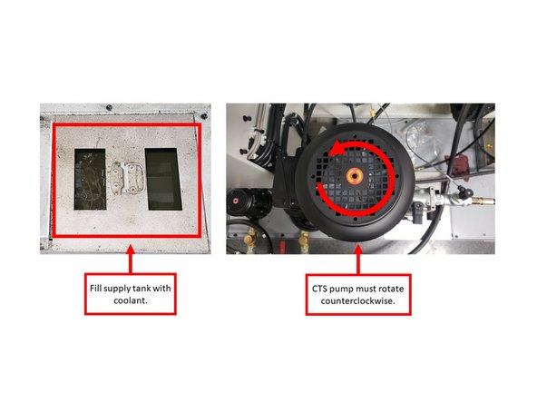 Fill the supply tank with coolant and turn on CTS at the pendant.  Make sure that the CTS pump is rotating in the correct direction (counterclockwise). There is an arrow on the motor to check this.