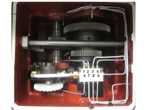 The front bearing should receive around 120 ml/min from the top line #7, and around 270 ml/min from the side line #8. The rear bearing should receive around 280 ml/min from line #3. Sample data shown is from 1845 RX.” to “See tables for your machine type to determine the correct oil flow for the line that is being measured.