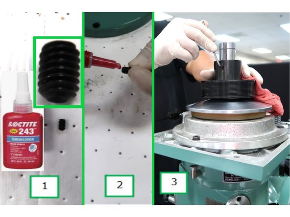 New pulley in position. 1 - Use primer less Loctite 243 on the setscrew. 2 - Apply to threads. 3 - Tighten the setscrew against the key.