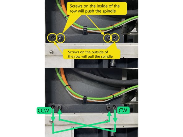 To align the Sub Spindle Horizontal Accuracy there are 4 screws in the base casting, two screws to push the spindle and 2 screws to pull it.