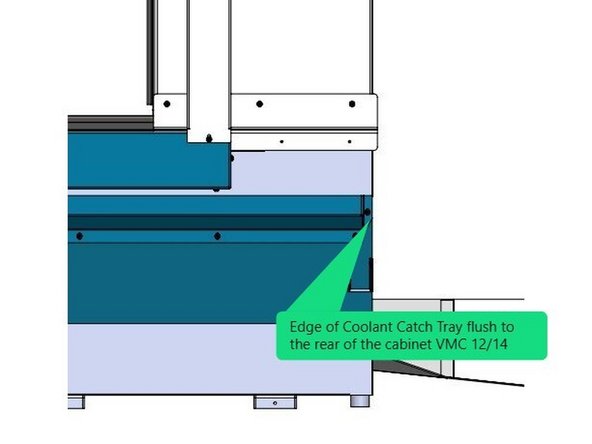 Now align the coolant catch tray so that the edge is 1.656&quot; from the rear of the cabinet for VMC 7/10 machines and flush to the rear of the cabinet for the VMC 12/14. See Image 2 for the 7/10 machines and Image 3 for the 12/14. Verify that the SWI-TOOL-075-1 Jigs didn't move out of position when you adjusted the coolant catch tray into position.