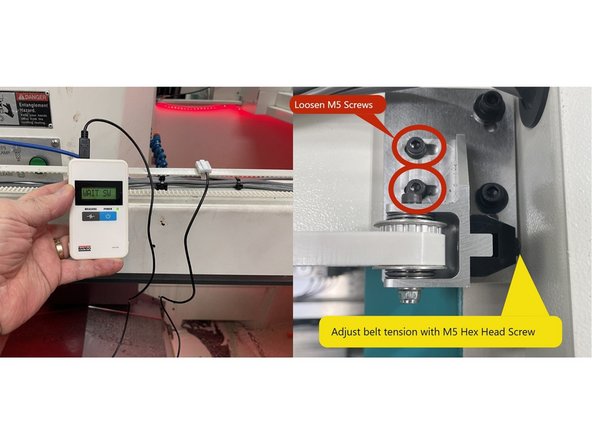 The belt now needs to be tensioned. To do this loosen the two(2 ) M5 screws that mount the idler pulley assy to the base plate and then lightly snug them. Next attach the sensor from the Bando Belt Tension Meter to the belt halfway between the (2) pulleys with the door in the open position. See Photo 1.