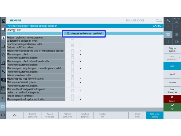 From the menu, select &quot;Strategy 105. Measure and Retune Speed ctrl,&quot; then press [OK].