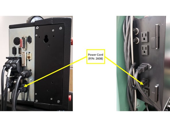 The following three (3) cables must connect from the Pendant to the Cable Breakout Box: Umbilical #1 (P/N: 22555-10) and #2 (P/N: 22555-10) cables, and AC to Computer (P/N: 20267) cable. Please see first image on the left for more information.