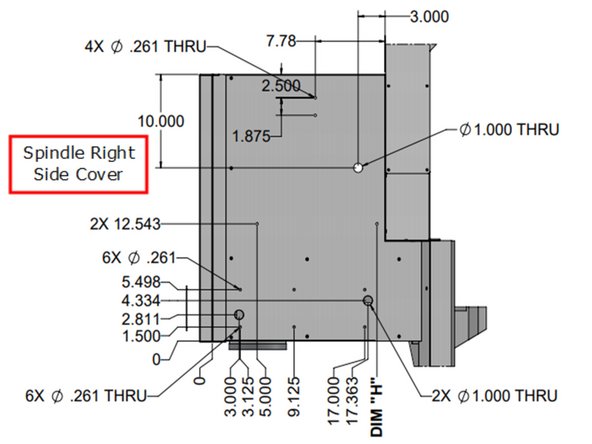 Remove right side spindle cover from mill. Drill holes for the Z axis EHW on the right side of the spindle cover using drawing for location and the table for DIM ”H”.
