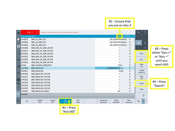 On the touchscreen, (1) press the Setup shortcut key on the left-side bar, and (2) press HSK &quot;Mach. data.&quot;