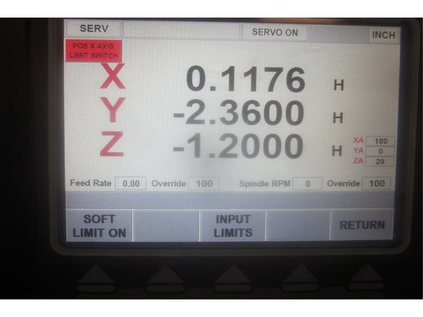 Go to service code 203 and home the machine. Go to service code 505 and slowly jog the X axis to the far right side to light the limit switch. Note the index angle number. Press the E-stop. Rotate the ball screw manually until it touches the cushion and relaxes.