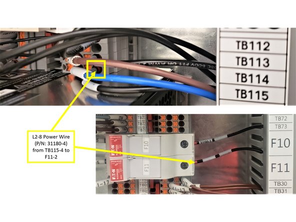 Install L1-8 Wire (P/N: 31180-3) from the TB114-4 Terminal to F10-2 Fuse holder as shown.
