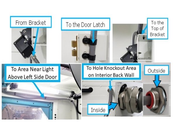After the OMI-2T is mounted near the left-side door, route the cable to the front door latch from inside the machine.