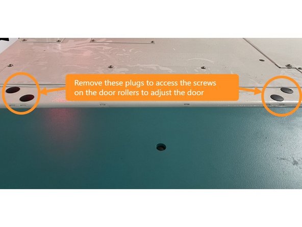 To adjust, open the door all the way and remove the black rubber plugs on the top sheet metal to access the screws for adjusting the upper door rollers. Loosen the rollers and adjust the door in or out to get an even gap and then tighten the rollers.