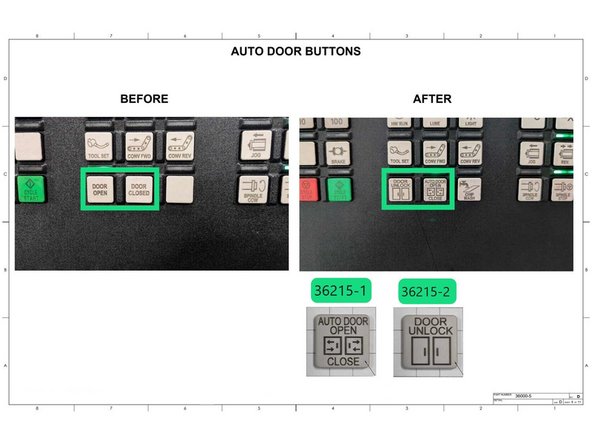 Once the wiring is complete change the Auto Door Buttons as shown in Photo 2. 36215-1 is Door Open/Close and 36215-2 is Door Unlock.