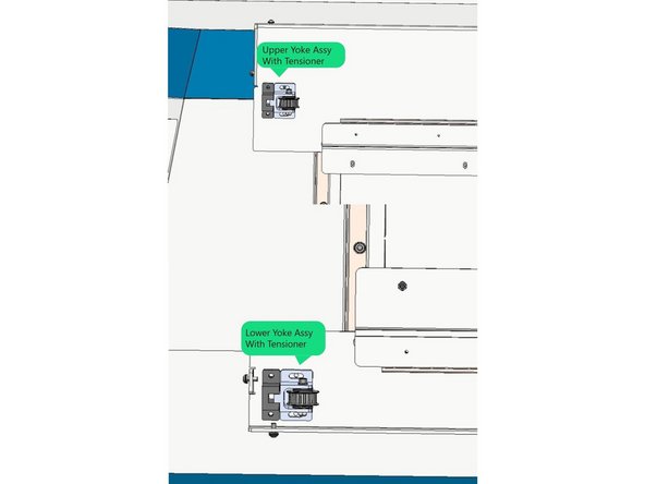 Next install the idler pulley assemblies and tensioners to the left side of the upper and lower rail mounting plates with (4) M5 X 18 SHCS with serrated and flat washers. Then attach the tensioners to the pulleys with an M5X20 Hex head screw. See Photo 1