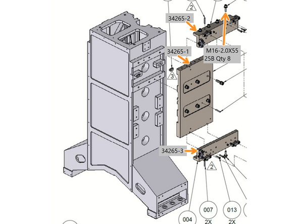 Attach Bracket Top X-Adjustment (34265-2) and Bracket Bottom X-Adjustment (34265-3) to Bracket Mounting 40T ATC (34265-1) with (4) M16-2.0 X 55 SHCS per bracket and tighten.  See Photo 2
