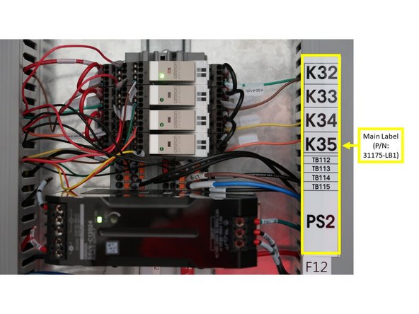 Remove the End Stop (P/N: 23095-1) that is placed on top of F12 on the electrical cabinet, and install the Power Supply (P/N: 31191) over F12. Make sure that the Power Supply is installed horizontally, and that the side with the label is facing upward. Lock it in the DIN Rail.
