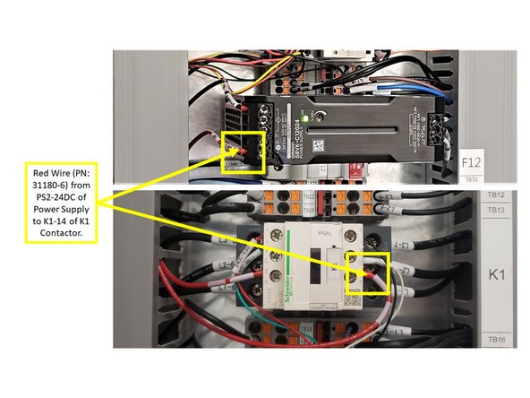 Install Red Wire (P/N: 31180-6) from PS2-24DC on the left side of the Power Supply, through the Wire Way, and into K1-14 on the right side of the K1 Contactor in the electrical cabinet (as shown on the second image on the left).