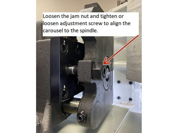 If the carousel only needs a minor alignment in the X Axis loosen the jam nut on the adjustment screw of adjustment point #1 and either tighten or loosen the screw depending which direction the carousel needs to move to align the ring tool with the taper tool in the spindle.
