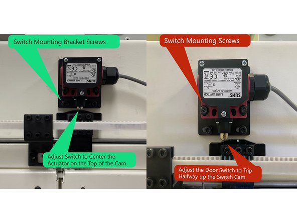With the doors fully closed align the closed switch so the switch roller is near the center of the switch cam and tighten the switch bracket screws. See Photo 2