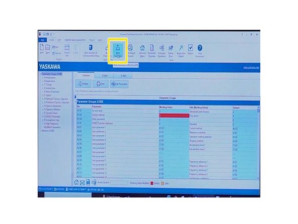 Click on Write Parameter icon, click Close, Click Yes. (Software will download parameters to AC Drive) AC Drive has been successfully programmed.