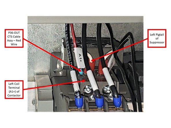 Install the P36-OUT CTS Cable Assy (P/N: 31591 Rev B) and the CTS Overload Wire Assy (P/N: 31591-1) between the Contactor, the Overload Relay, and the P36-OUT port on the computer module: