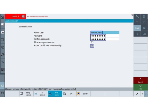Press Authentication VSK. In the Authentication page press Change. Enter OpcUaClient (O, U and C are in upper case rest are in lower case) in Admin User field, enter TRAKmt2021 and TRAKmt2021 in both Password and Confirm password fields, check Accept certificates automatically box, and press OK. Power cycle the machine using elec. cabinet switch.
