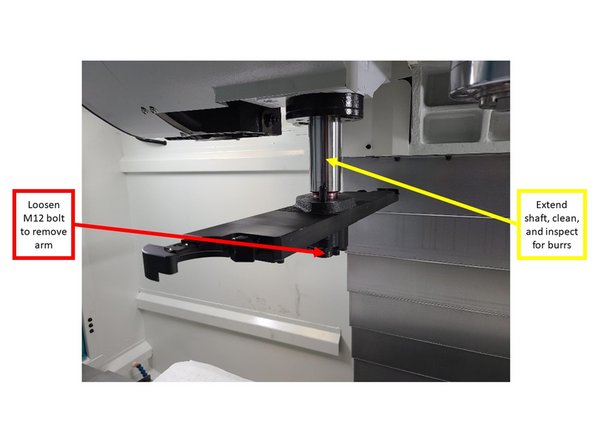 Please note that the arm weighs approximately 25 - 30 lbs. Take proper safety precautions when lowering the arm off the end shaft. You may find it is easier to sit on the table for arm removal. Make sure &quot;E-STOP&quot; is pressed before climbing inside.
