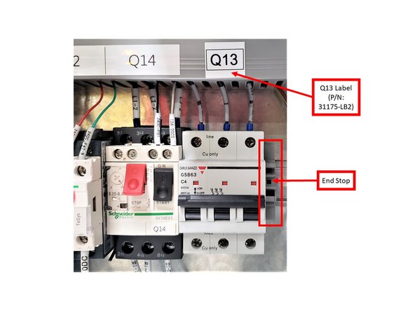 Place the Q13 Label (P/N: 31175-LB2) on the designated area next to Q14, and remove the End Stop (P/N: 23095-1) that is also placed next to Q14 as well.
