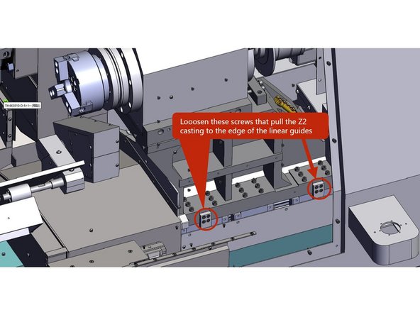 If the vertical accuracy of the sub spindle is out of spec it is likely that the lower casting has shifted on the linear guide bearing blocks due to a crash or some other anomaly. The next few points show how to realign the casting to the bearing blocks.